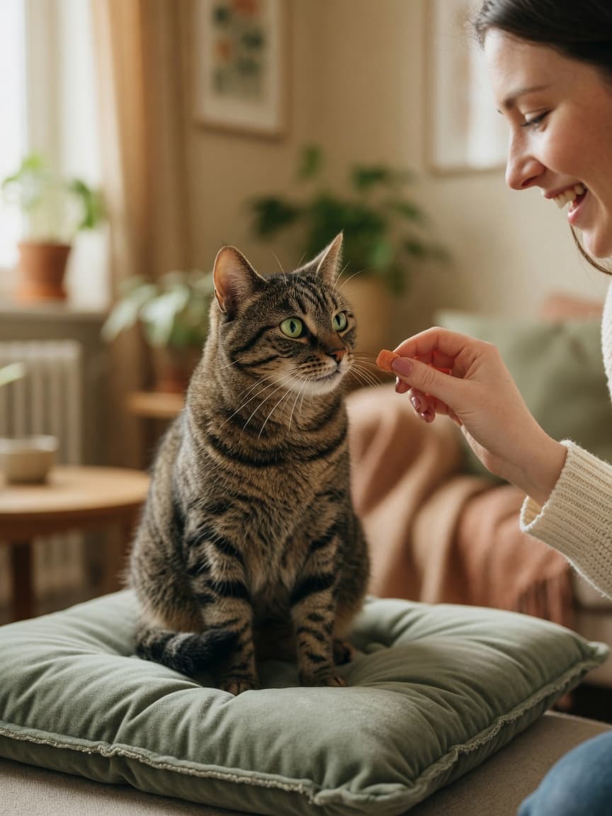 A tabby cat turning toward its owner's hand with a treat, demonstrating name recognition and positive response training.