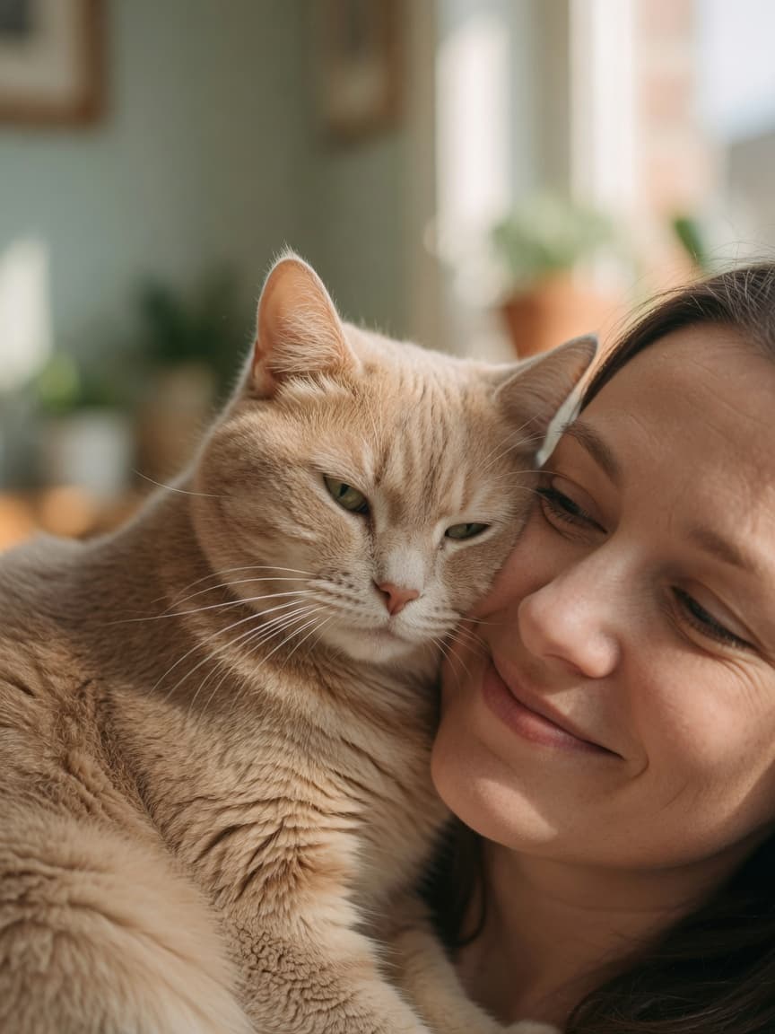 A cat gently nuzzling a human face, displaying relaxed body language and affection