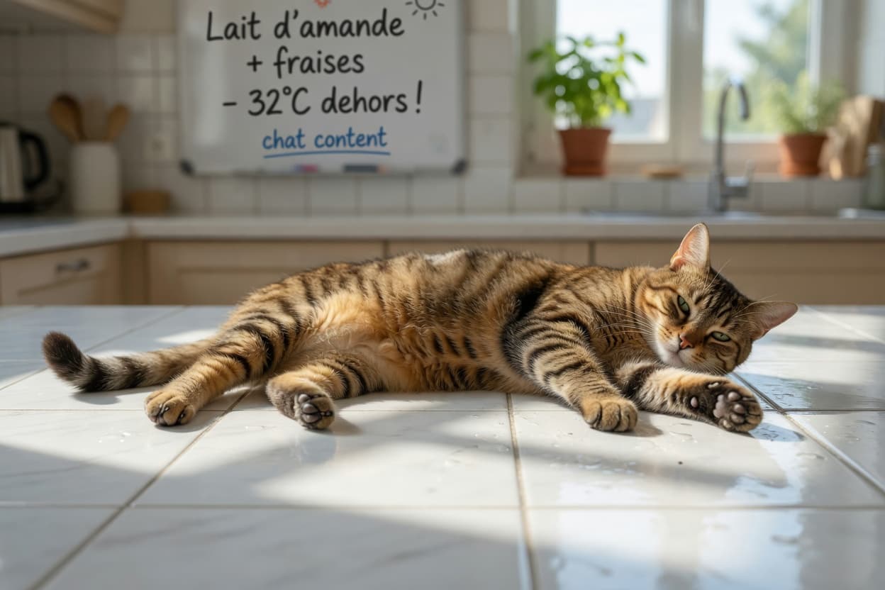 Tabby cat sprawled on cool kitchen tiles with damp paw pads visible, staying cool on a hot summer day