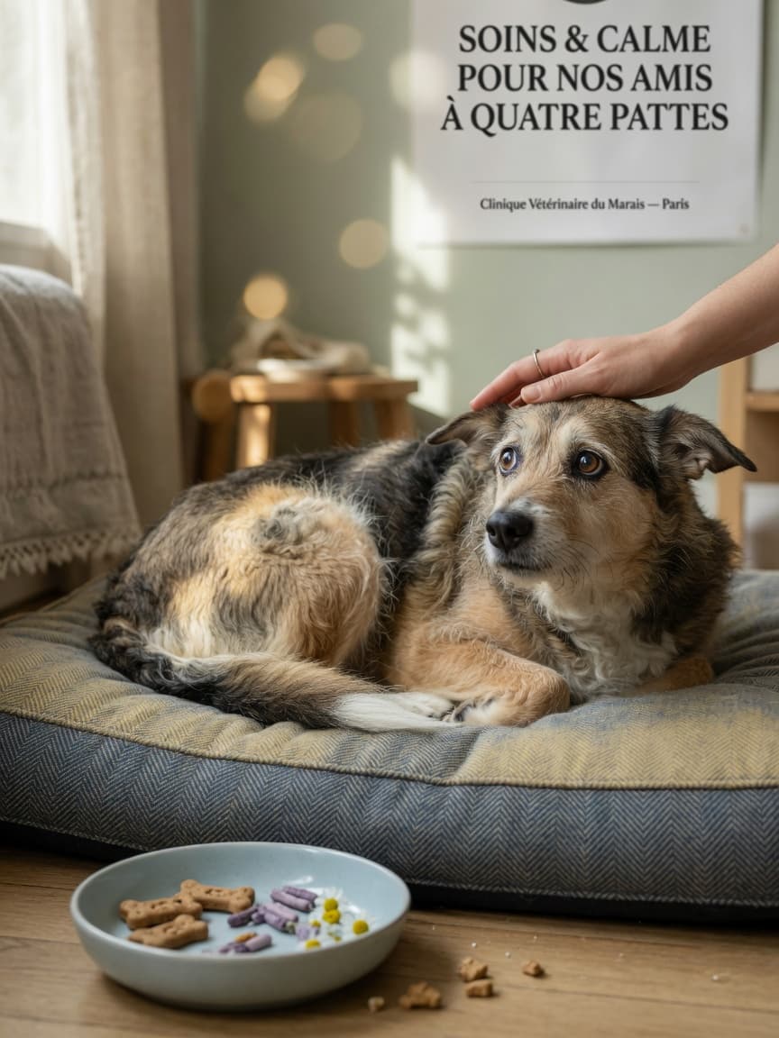 Anxious dog on bed with owner's reassuring hand, calming treats nearby