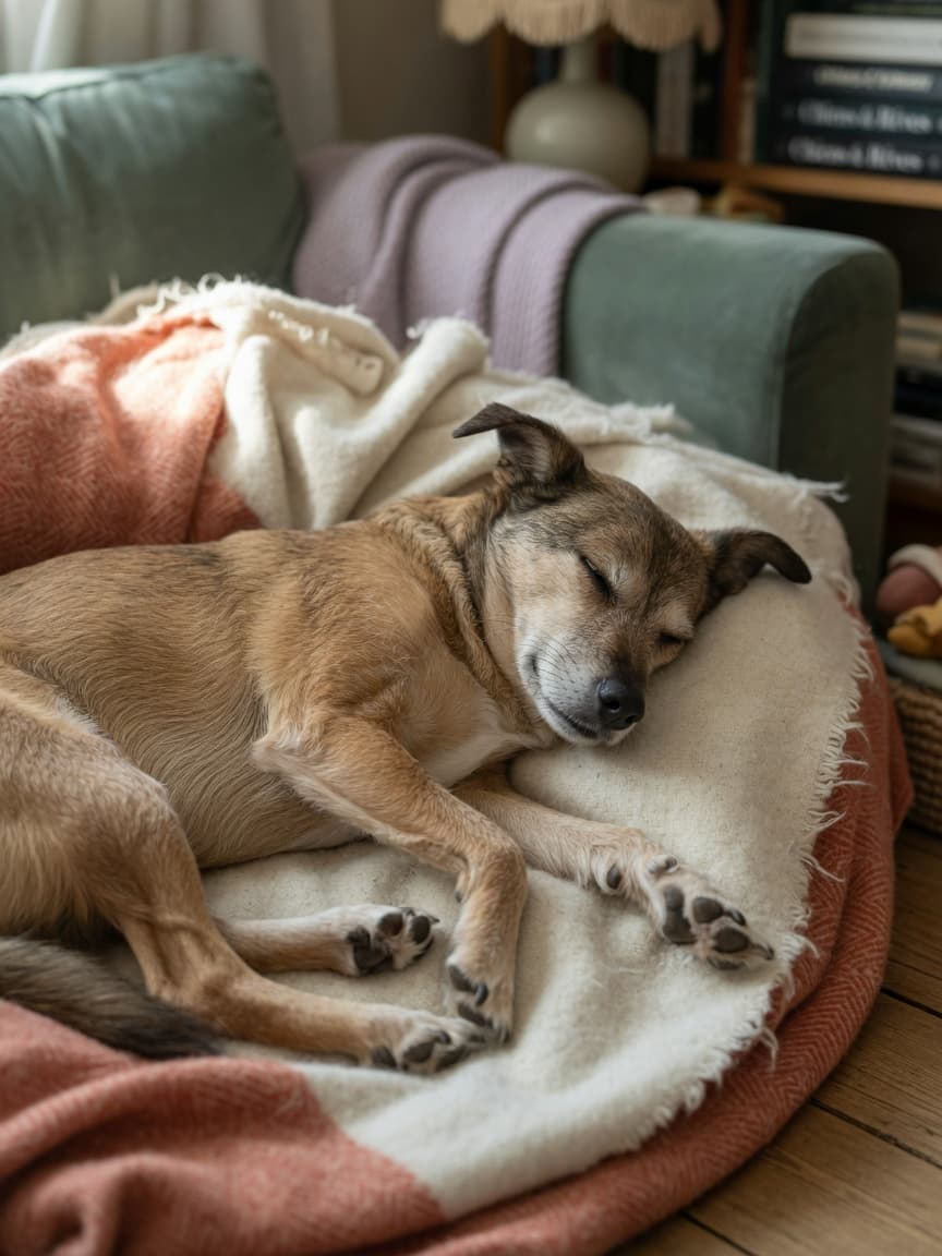 Sleeping dog twitching and paddling legs during REM sleep, eyes flickering behind closed lids