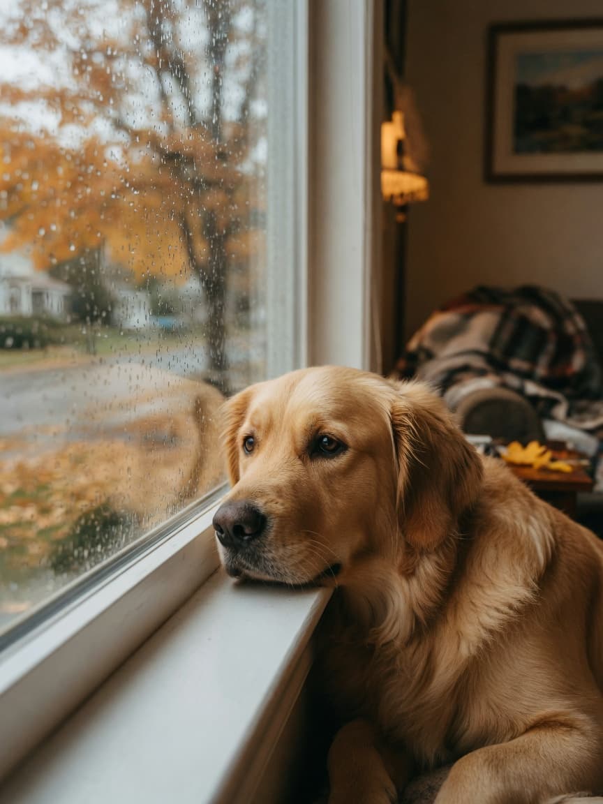 Sad dog looking out window alone, expressing loneliness and sadness