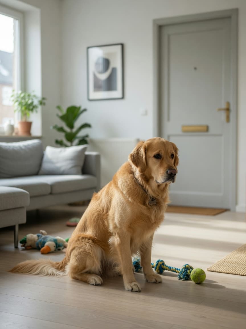 Lonely golden retriever sitting by door, looking sorrowful in empty living room
