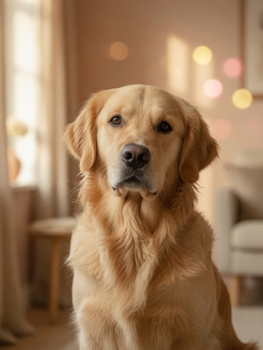 Golden Retriever with warm amber eyes and flowing golden coat sitting attentively with calm, gentle expression facing camera in natural window light
