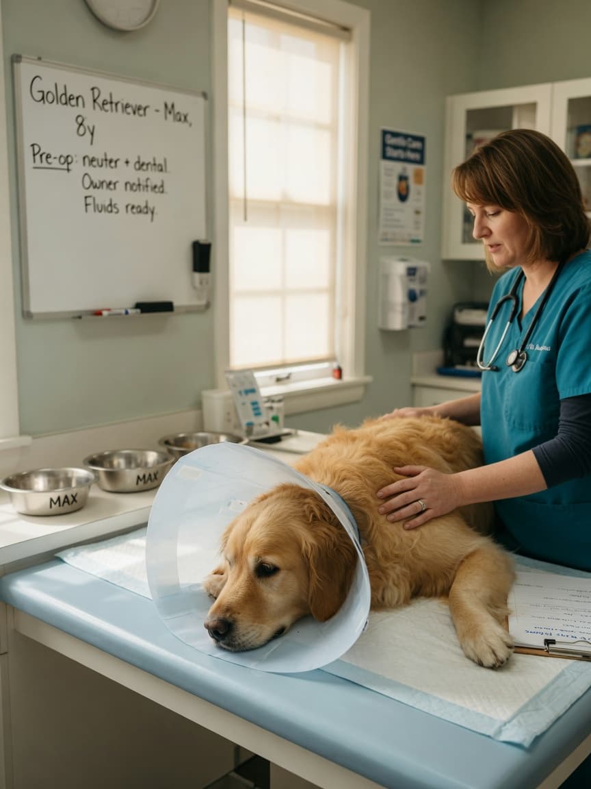 Veterinarian preparing a golden retriever for pre-operative fasting instructions on examination table