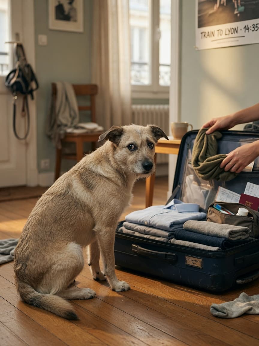 Dog sitting anxiously next to an open suitcase during packing preparation