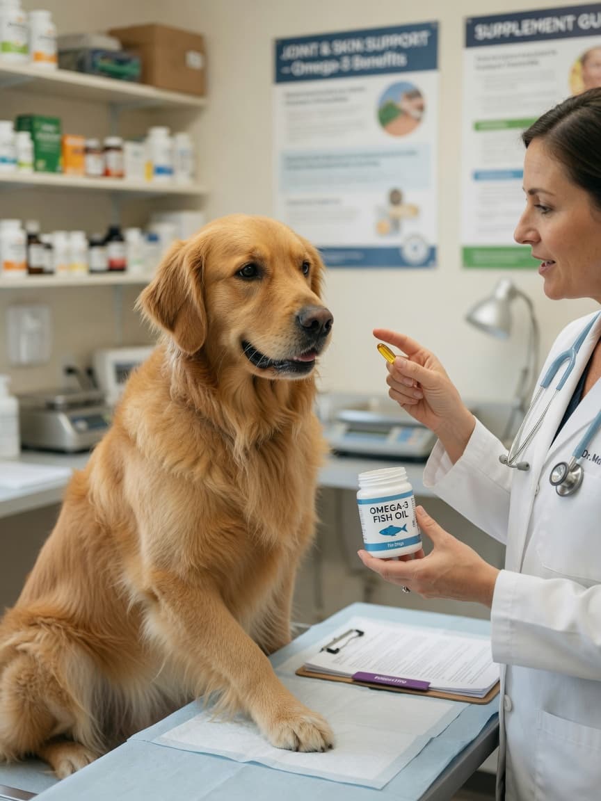 Veterinarian discussing fish oil omega-3 supplement with Golden Retriever during consultation