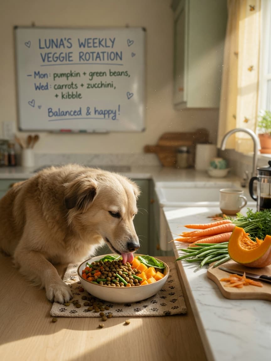 Dog eating a nutritious meal with vegetables and kibble from a bowl in a bright kitchen