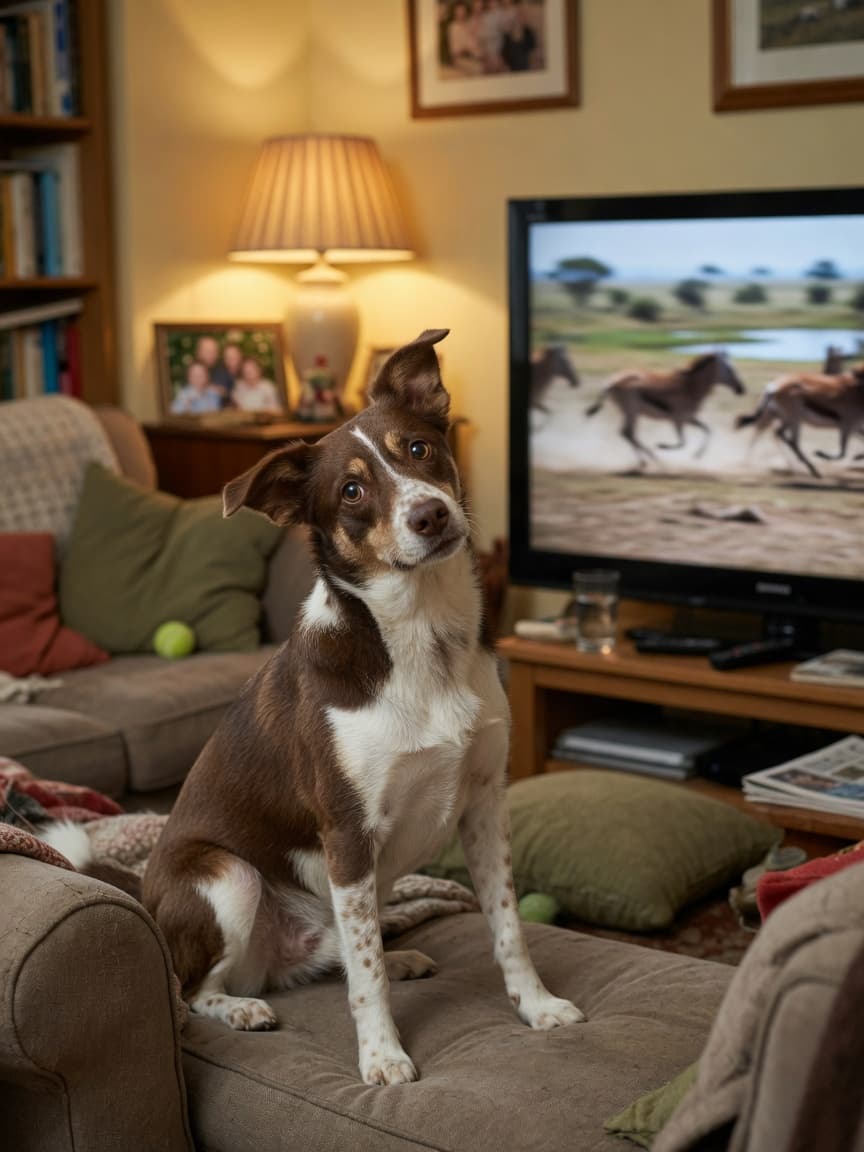 Dog sitting on sofa tilting head while watching television with animal footage on screen