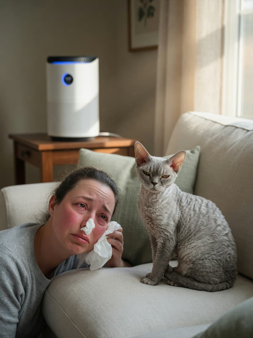 Person with allergic symptoms sitting beside a Devon Rex cat on a couch with a HEPA air purifier visible in the background