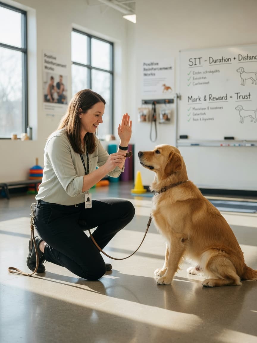 Professional dog trainer demonstrating positive reinforcement training with a golden retriever in a bright facility