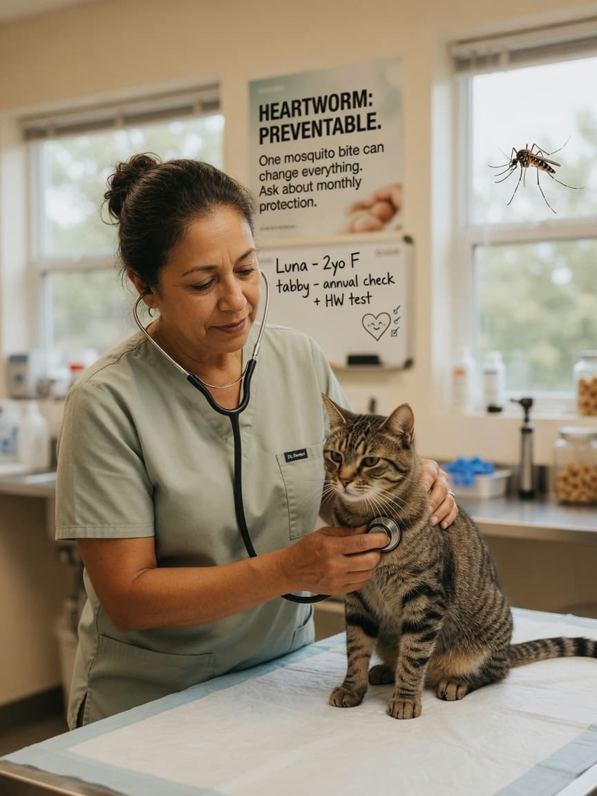 Veterinarian examining an orange tabby cat with stethoscope during a heartworm prevention consultation, with a mosquito visible through the clinic window