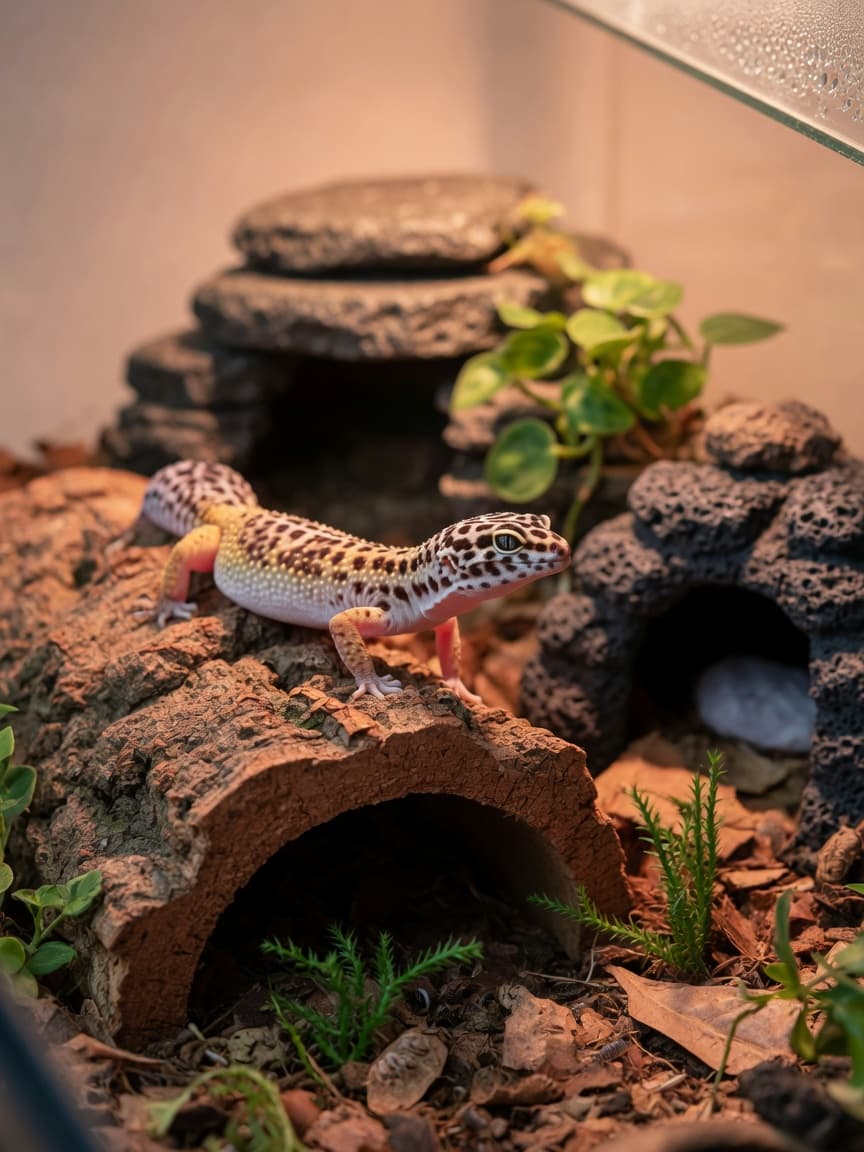 Leopard gecko with spotted pale yellow and white patterned skin resting on cork bark under gentle UVB lighting in a terrarium with dark hiding spots and natural decor
