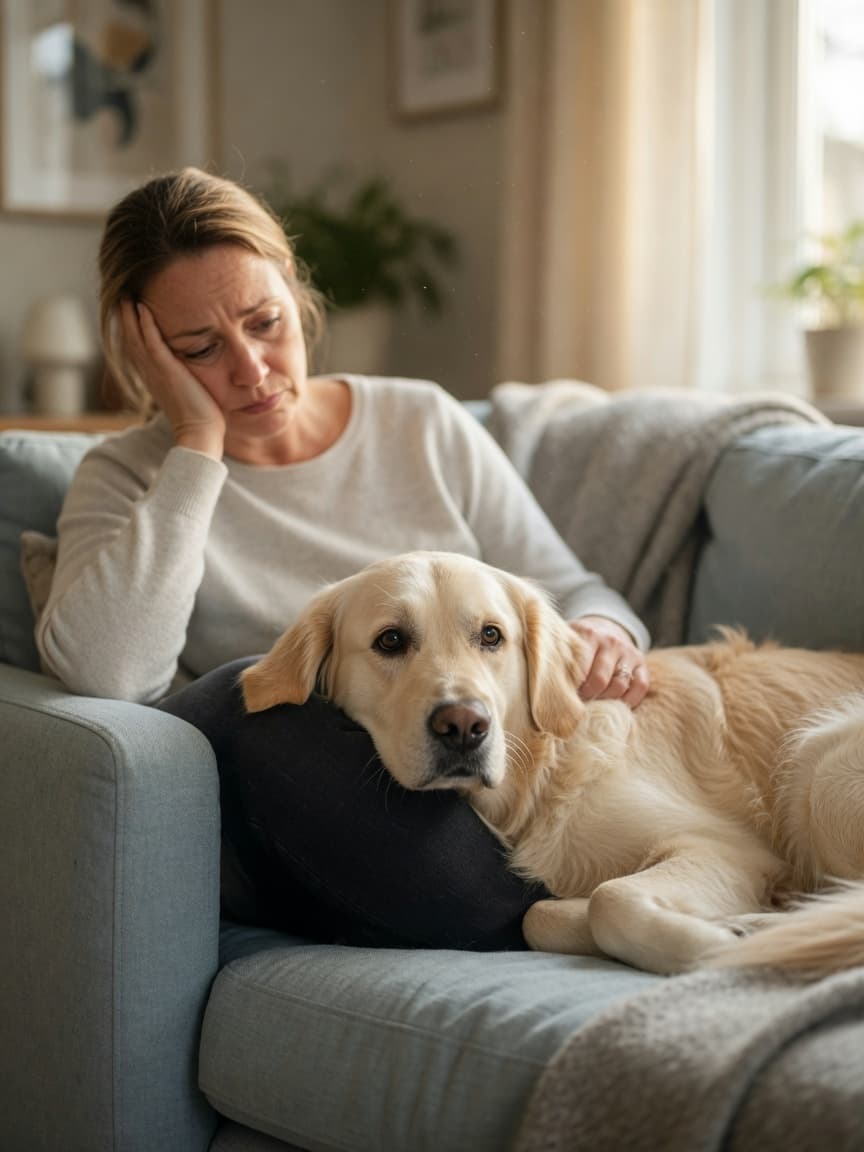 Golden retriever comforting sad owner on sofa with gentle empathy