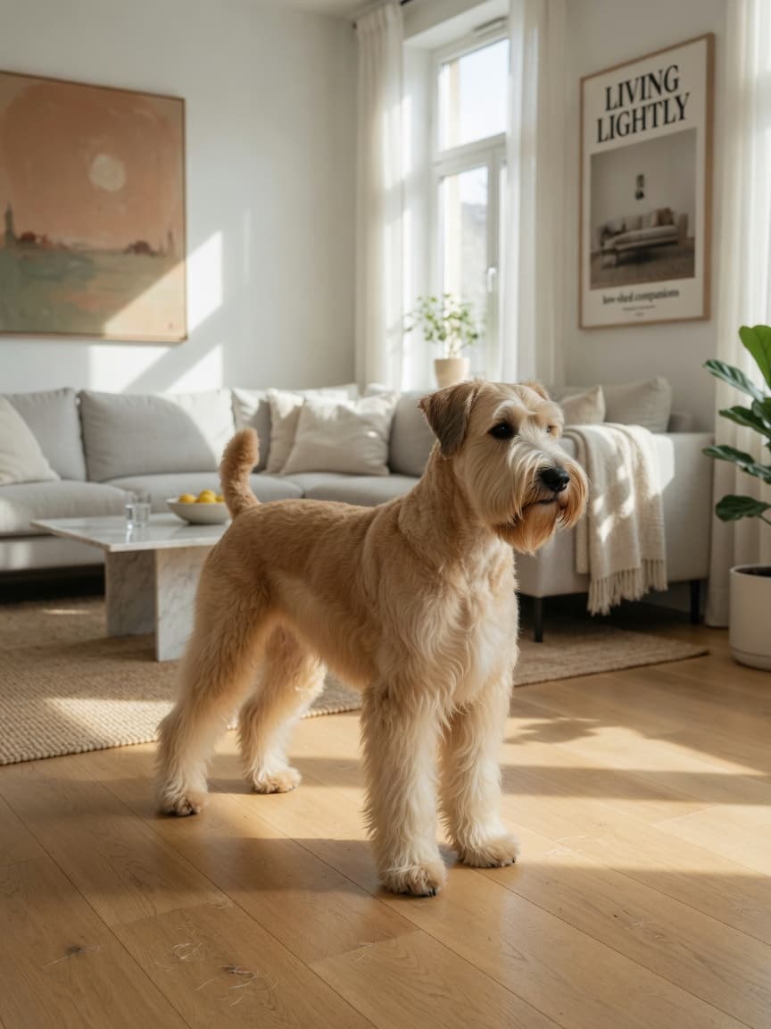 A Soft Coated Wheaten Terrier with golden-tan silky coat standing in a bright living room with minimal visible loose hair on the light furnishings