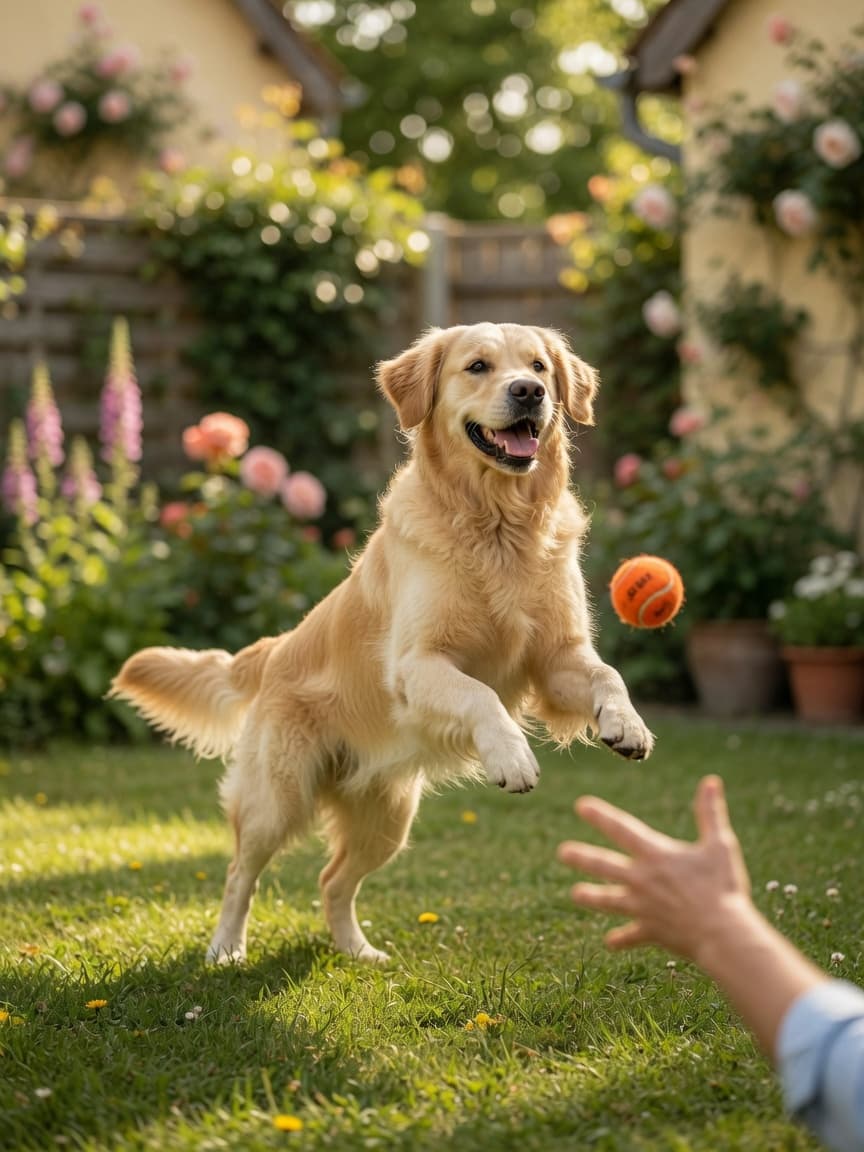 Golden Retriever leaping to catch a ball during outdoor play with owner's hand visible, demonstrating active engagement and joy