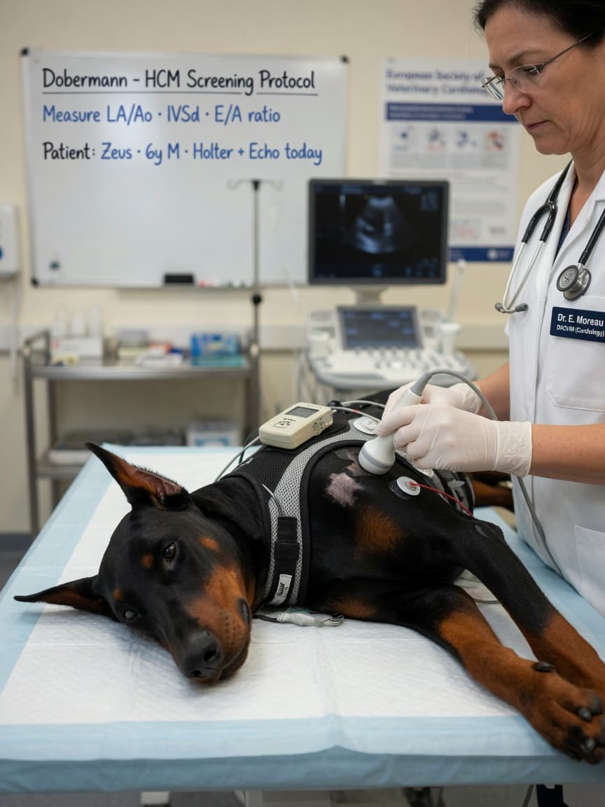 Veterinary cardiologist performing echocardiogram ultrasound on a black and red Dobermann with Holter monitor vest attached during heart screening