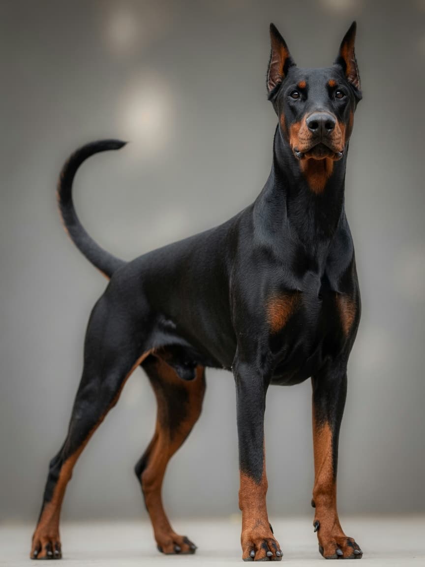 A black and rust Dobermann with natural ears and full tail standing in alert, professional pose