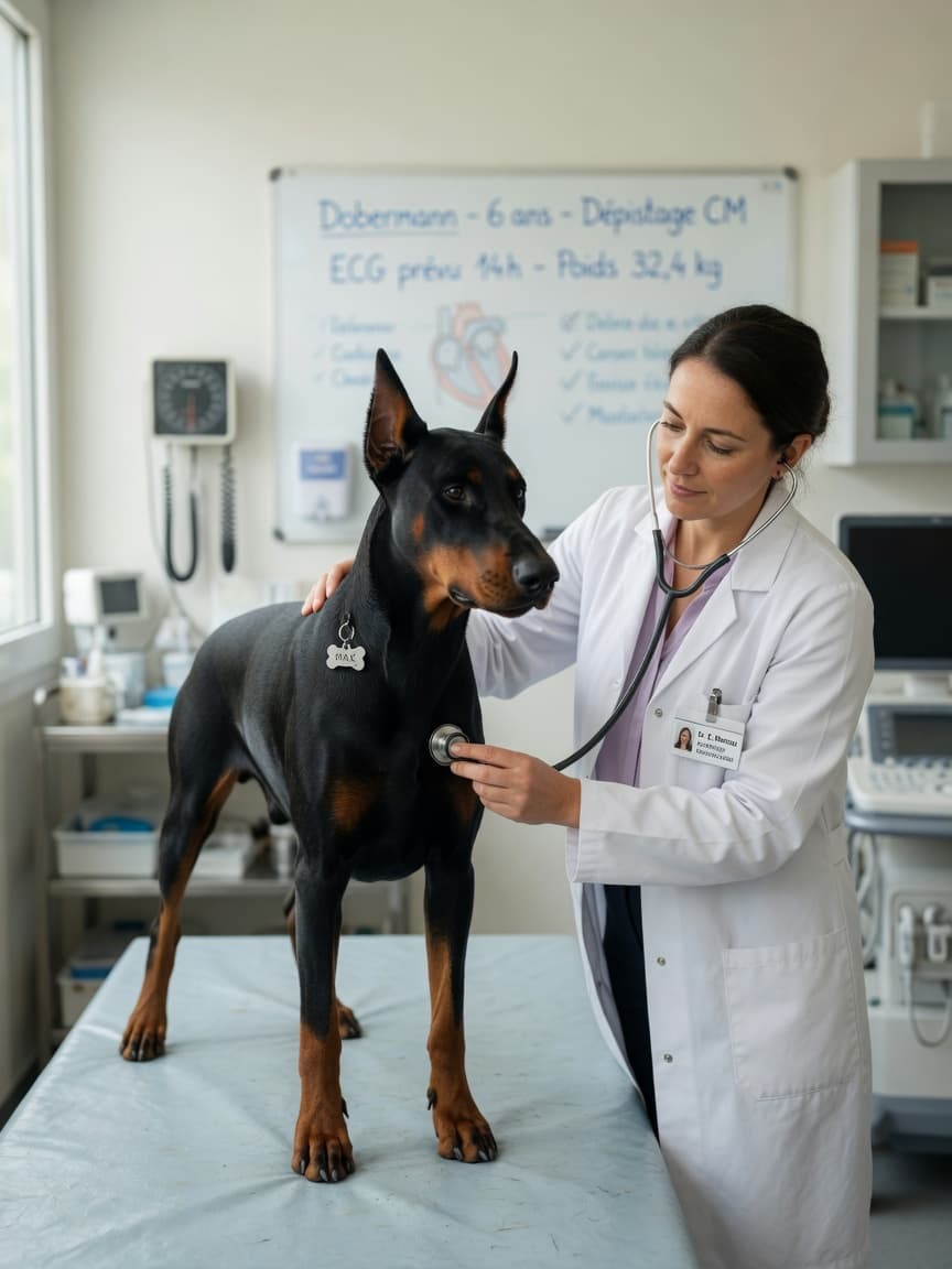Dobermann Pinscher undergoing cardiac examination by veterinarian
