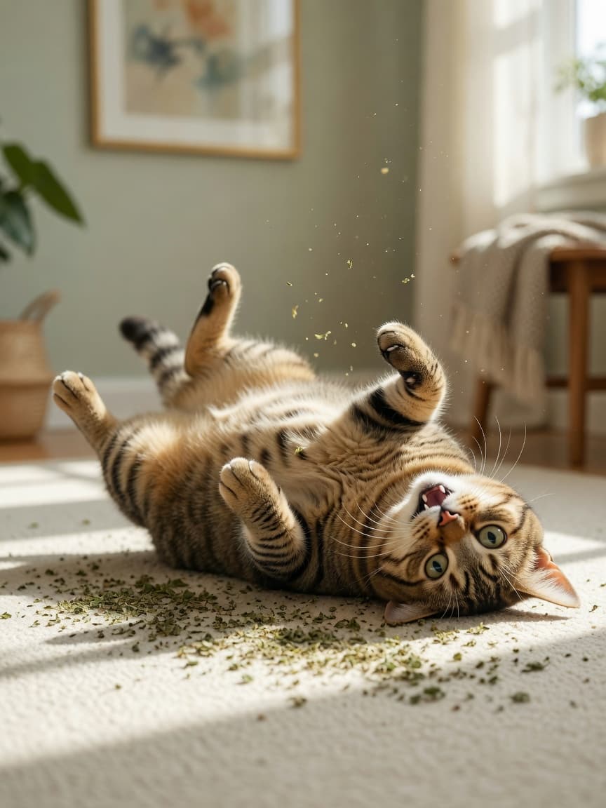 A playful tabby cat rolling blissfully on its back on cream carpet with scattered catnip, eyes dilated and expression euphoric in bright natural light