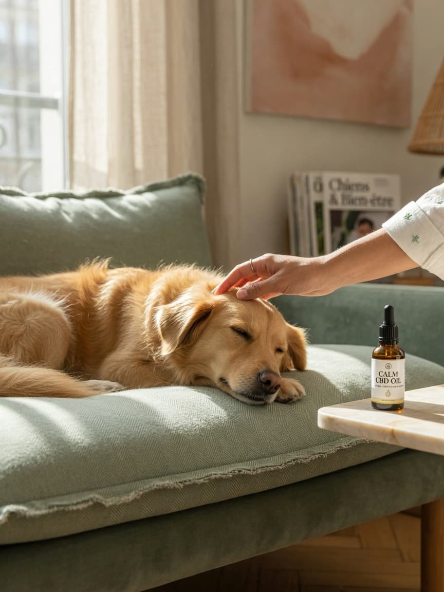 A calm dog resting on a cushion while a veterinarian's hand gently strokes its head, with CBD oil bottle on a nearby table in natural sunlight