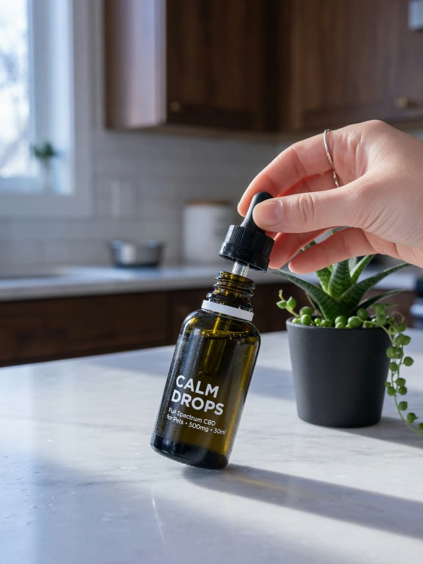 Dark glass CBD oil bottle with dropper on marble countertop in cool lighting, symbolizing proper storage