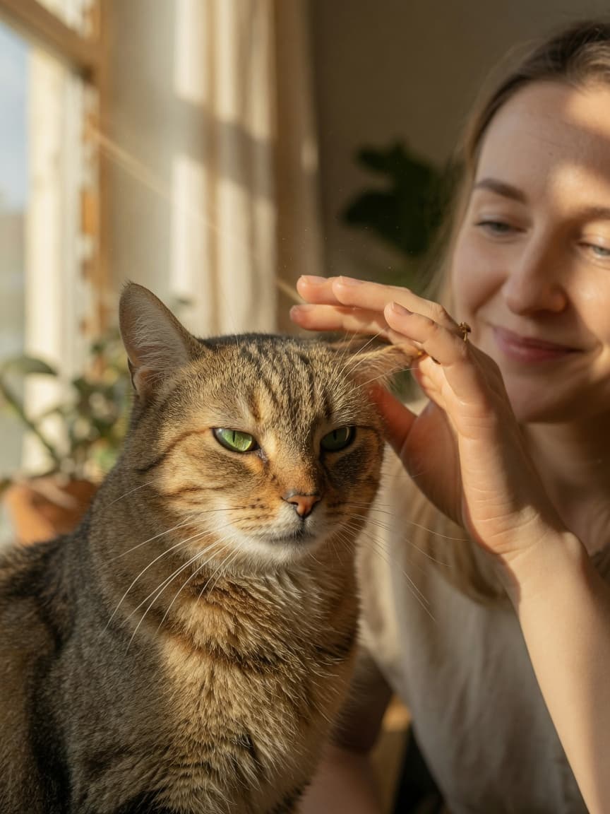 A tabby cat with green eyes slowly blinking at their owner in a moment of feline affection