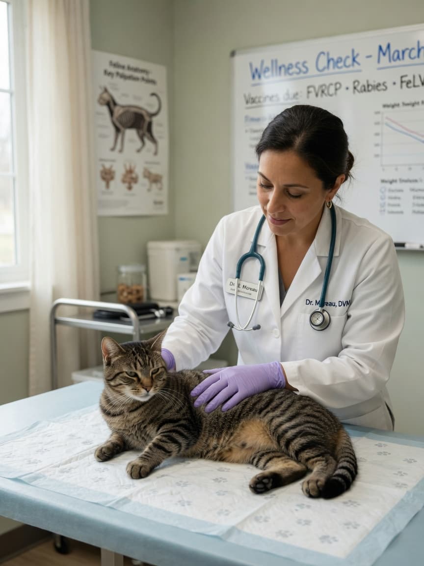 Veterinarian performing a physical examination on a tabby cat during a wellness visit