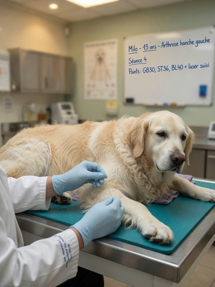 Veterinary acupuncturist inserting a fine needle into a Golden Retriever's leg during treatment