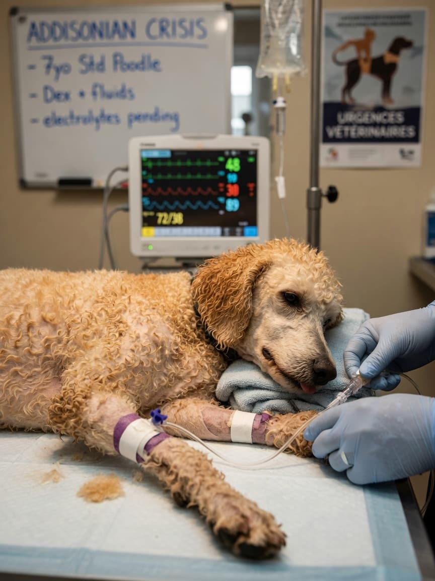 Emergency IV fluid therapy being administered to a critically ill Standard Poodle during an acute Addisonian crisis at a veterinary clinic