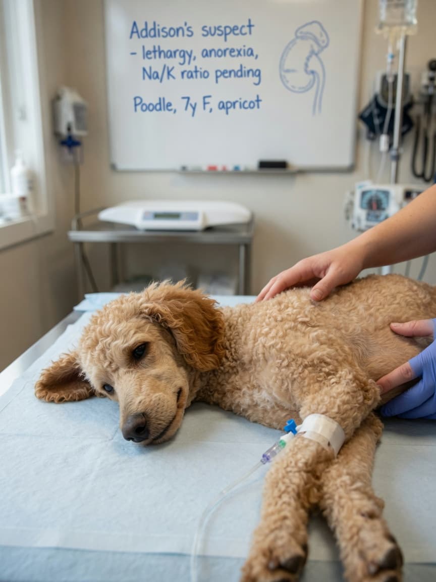 A Standard Poodle receiving IV fluids and abdominal examination at a veterinary clinic, demonstrating Addison's disease symptoms