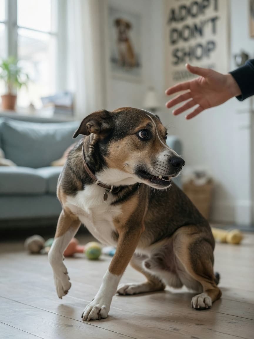 A fearful dog with pinned-back ears and tucked tail showing defensive body language and whale eye, backing away from a person's hand