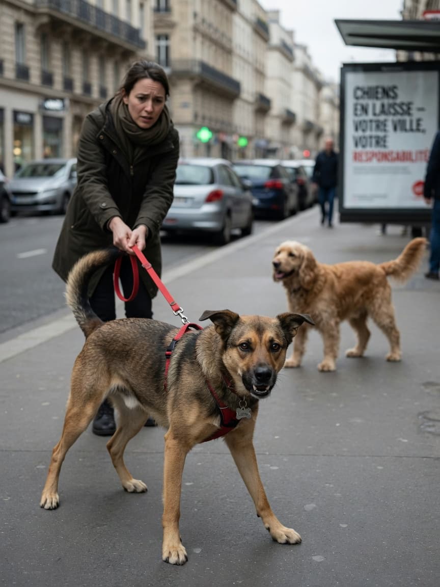 A dog on a leash showing aggressive body language with raised hackles and tense posture toward another dog in the distance on an urban street