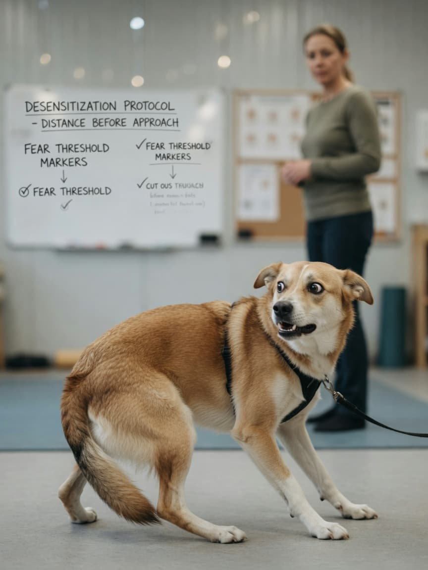 Dog showing fear-based aggression with pinned ears, tucked tail, and lowered body posture during training interaction