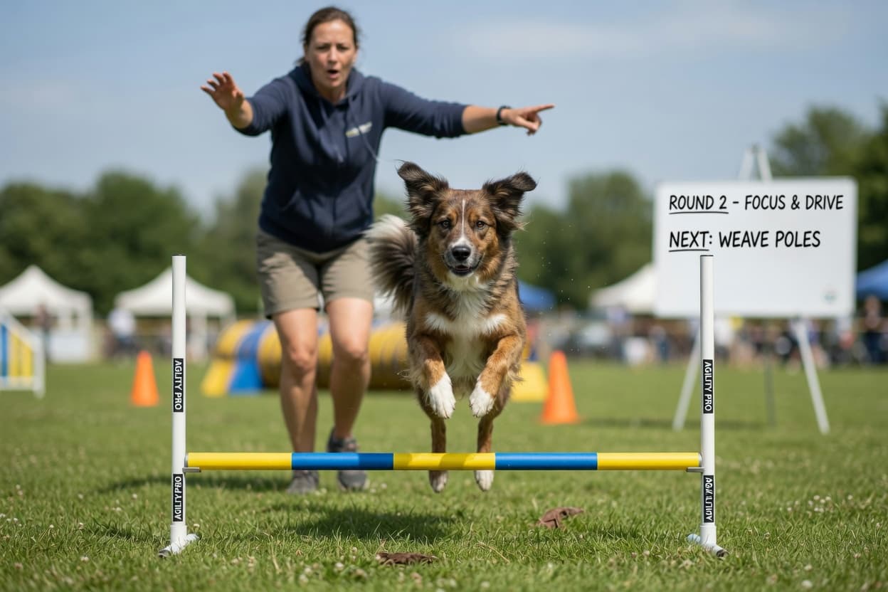 Athletic dog jumping over low agility bar with handler signaling in background during outdoor training