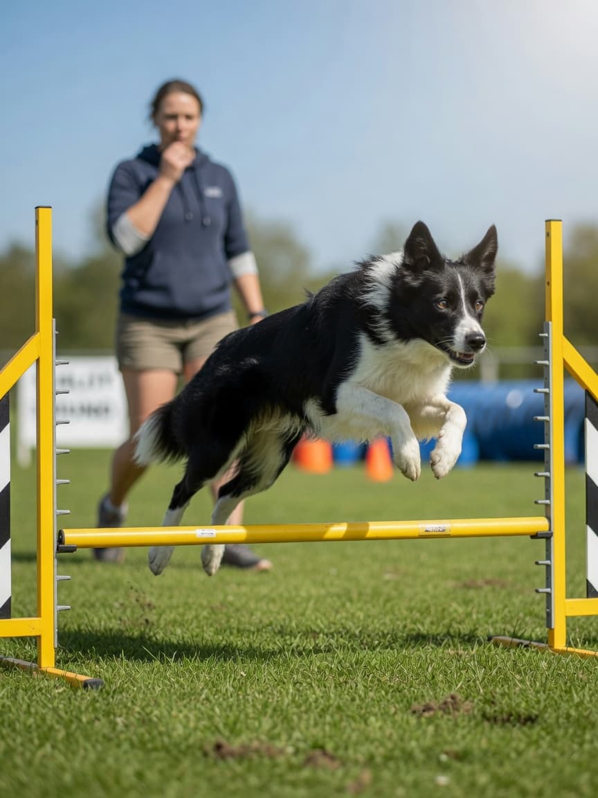 A Border Collie in mid-air jumping over a yellow agility hurdle on a sunny grass field with a handler watching in the background