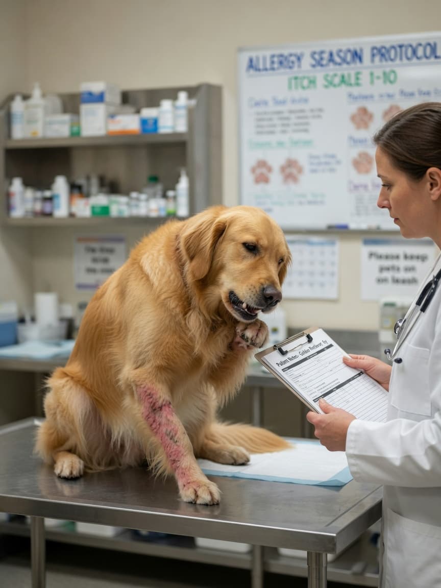 Golden retriever scratching its paw intensely during a veterinary examination