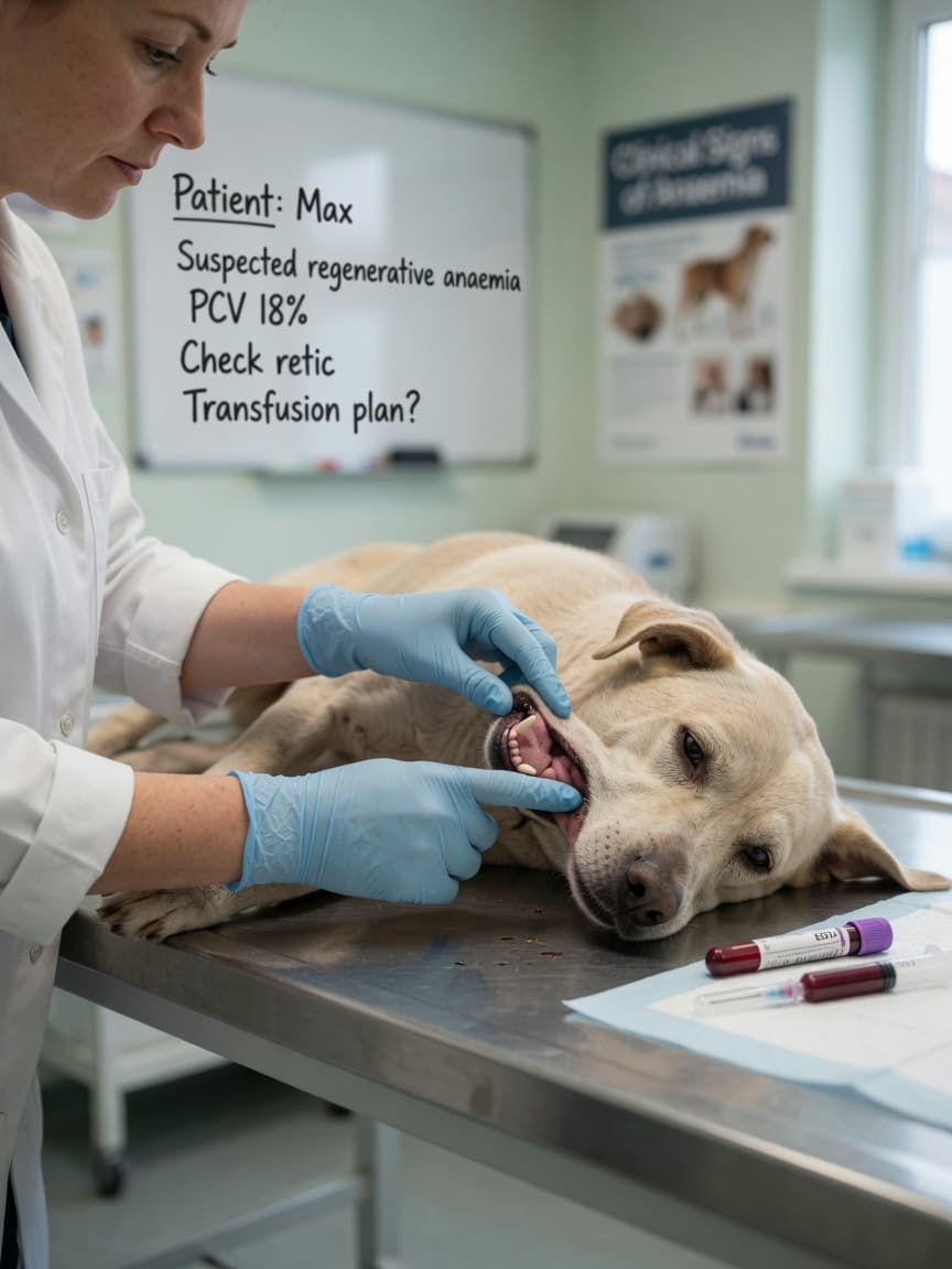 Veterinarian examining pale gums of an anaemic dog during clinical examination