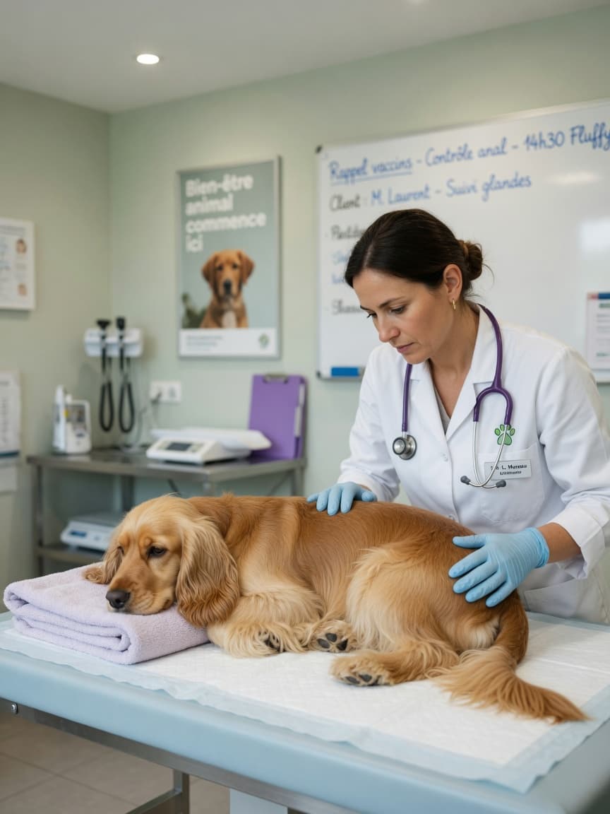 Veterinarian performing anal gland examination on a Cocker Spaniel during routine check-up