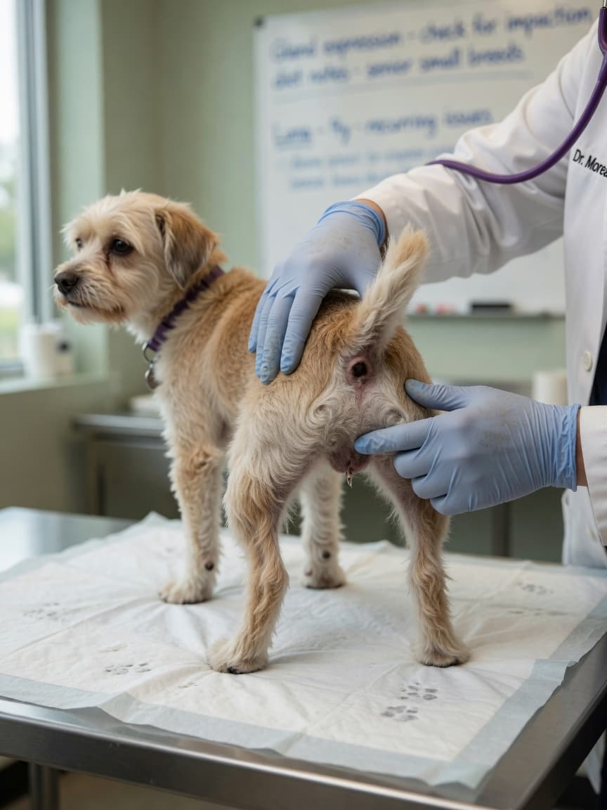 Veterinarian performing anal gland examination on a small dog during a routine vet visit
