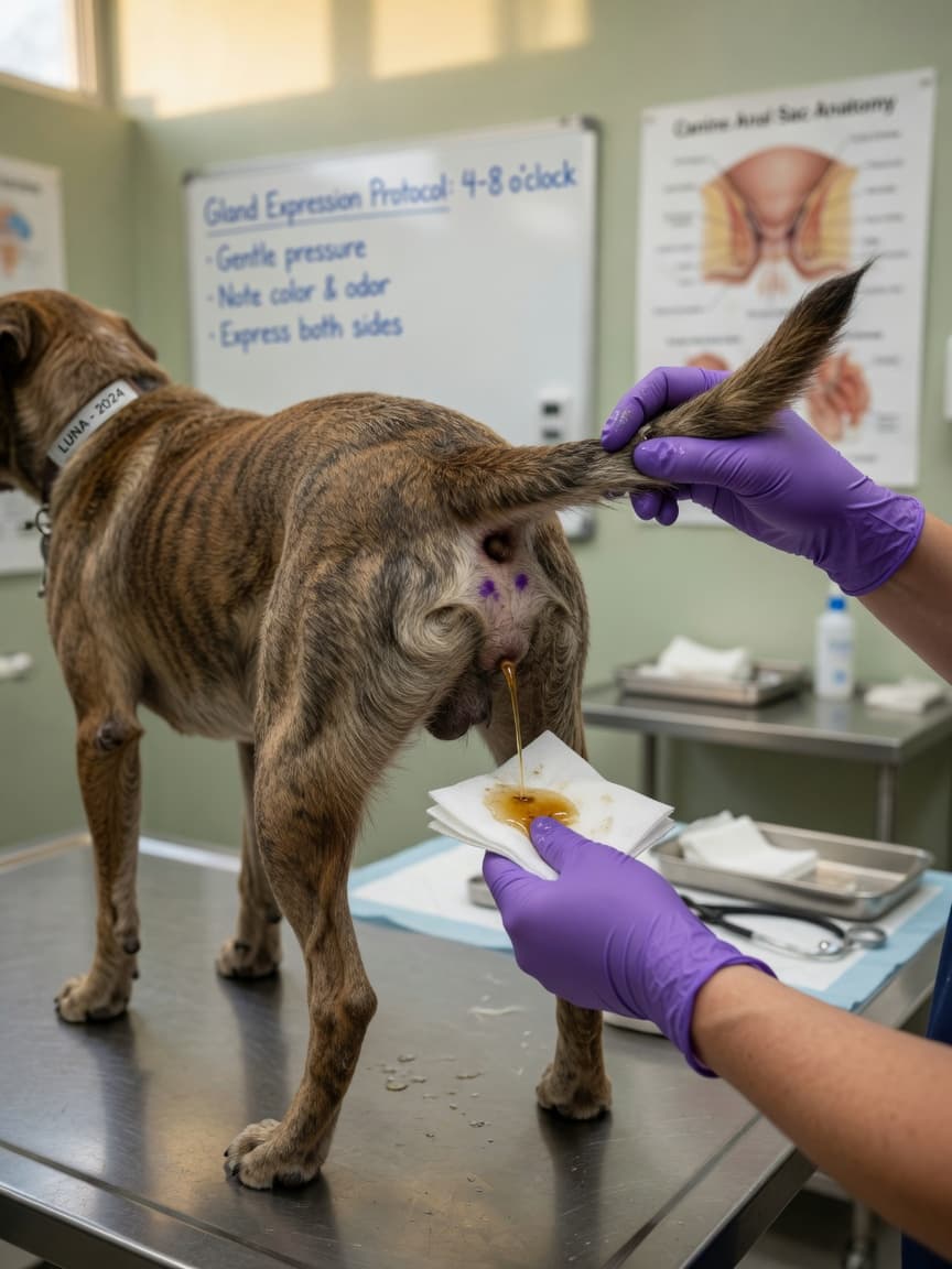 Veterinary technician demonstrating proper internal anal gland expression technique on a calm dog during a clinical procedure