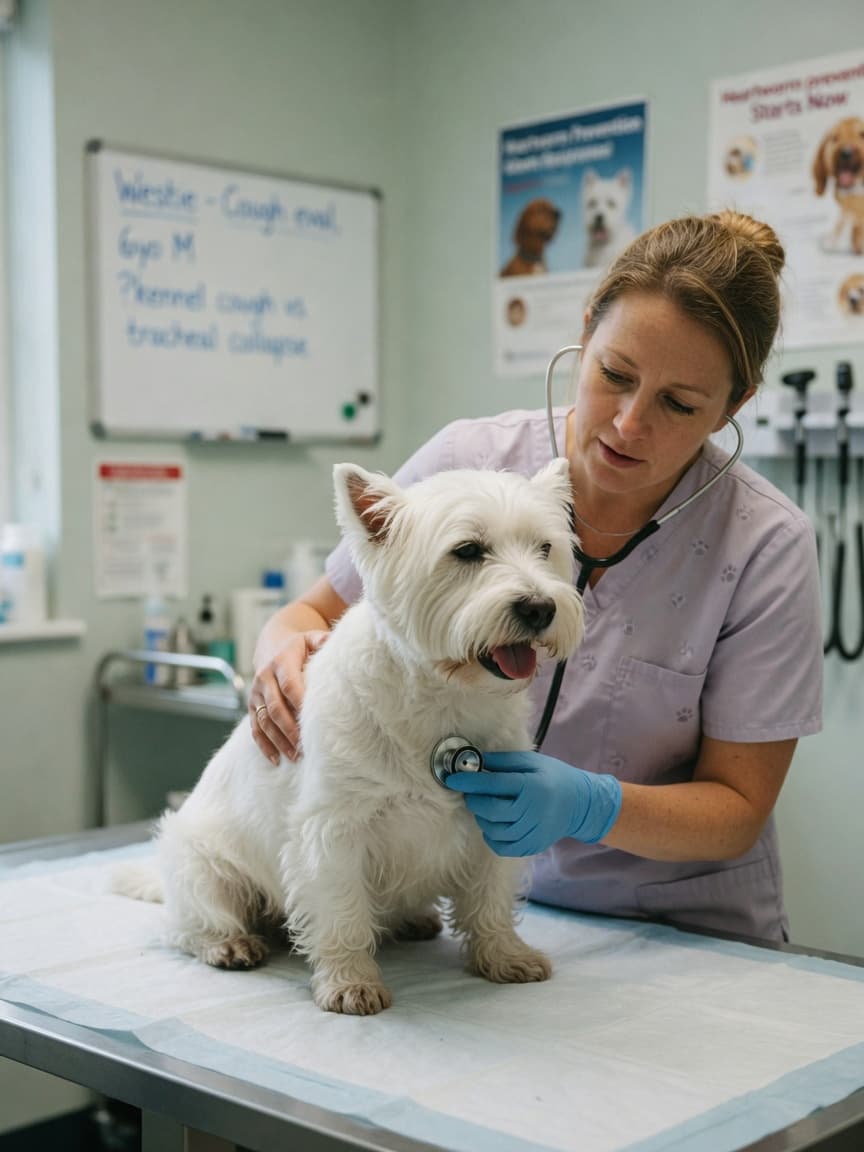Veterinarian examining a white terrier's chest with a stethoscope during an asthma evaluation