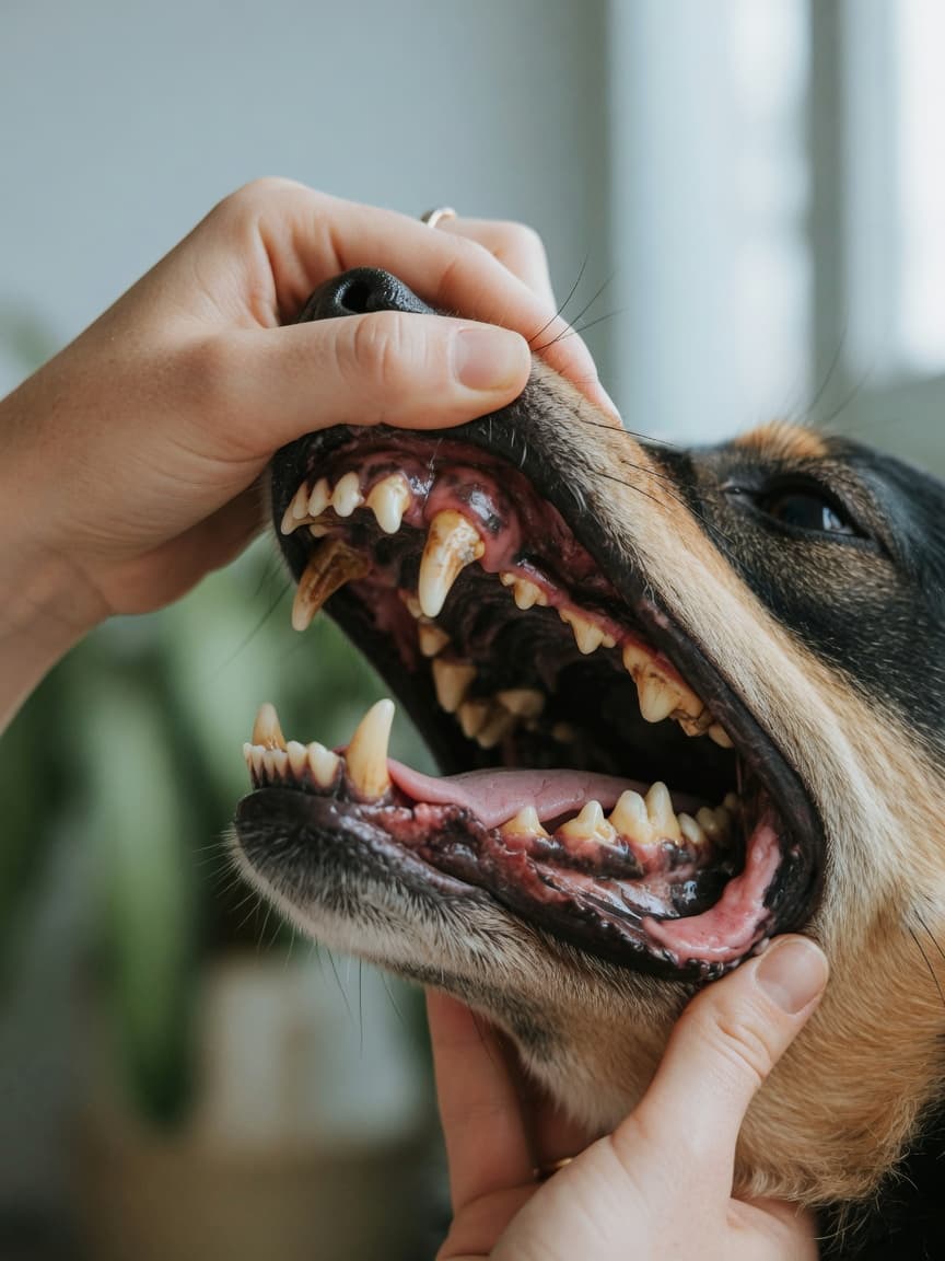 Close-up of a dog's mouth showing tartar buildup and inflamed gums during a dental examination