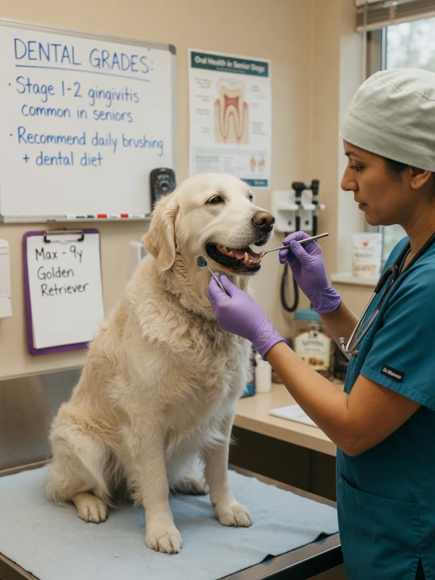 Veterinarian examining a golden retriever's mouth and teeth during a dental health check at a clinic exam table