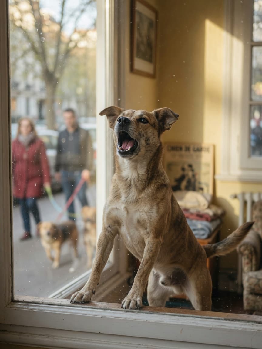 Dog barking at window at people passing by outside, alert and tense body language