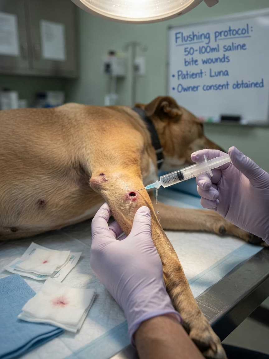 Veterinarian flushing a dog bite puncture wound with saline solution using a syringe during first aid treatment