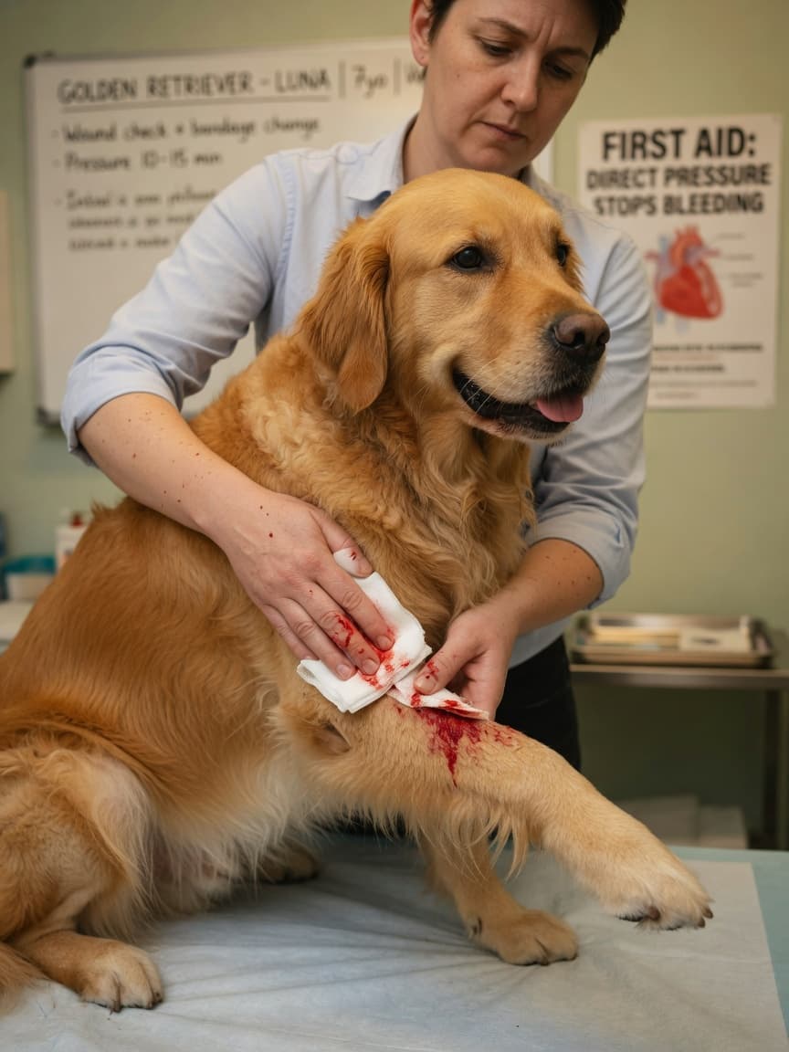Dog owner applying direct pressure with gauze to control bleeding on a golden retriever's leg wound