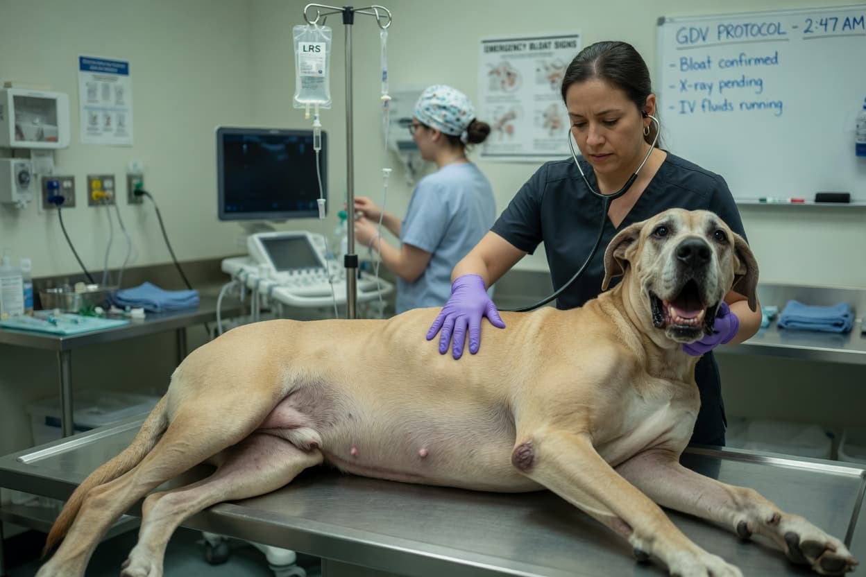Emergency veterinary examination of a distressed Great Dane with abdominal bloating being assessed by a veterinarian during GDV crisis