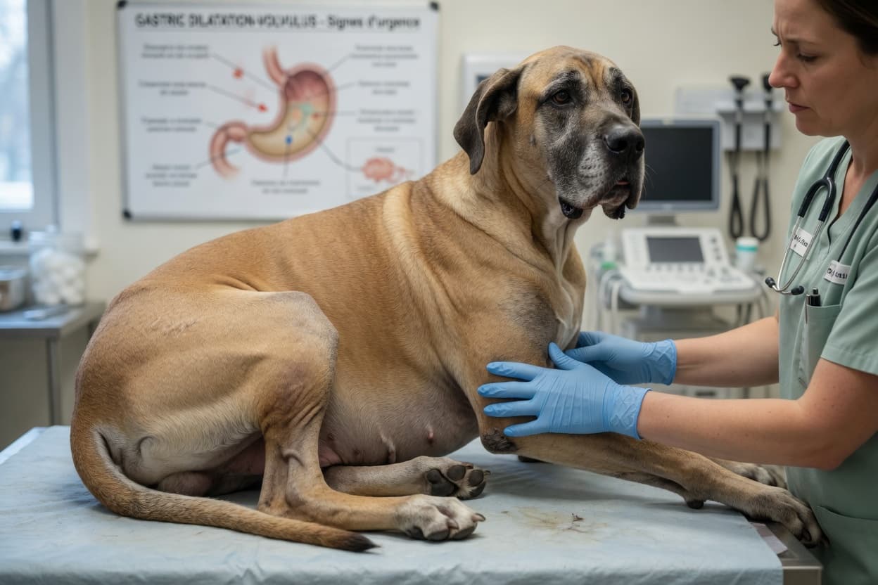 Veterinarian examining a distended Great Dane's abdomen during a bloat emergency at a clinic