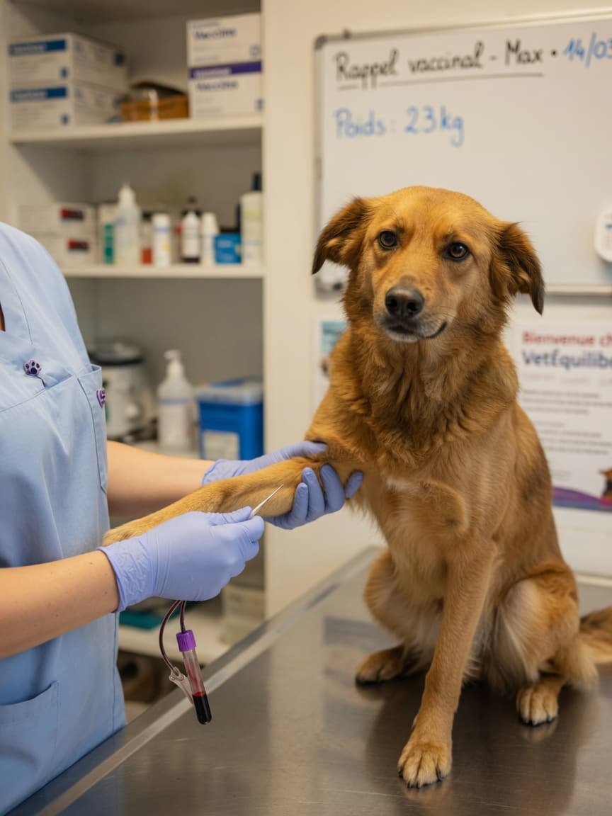 Veterinary technician drawing blood from a calm dog on an examination table in a bright clinic setting